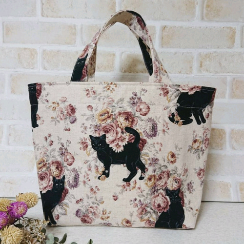 可愛い 猫柄トートバッグ ミニ 綿麻 きなり Creema限定 トートバッグ
