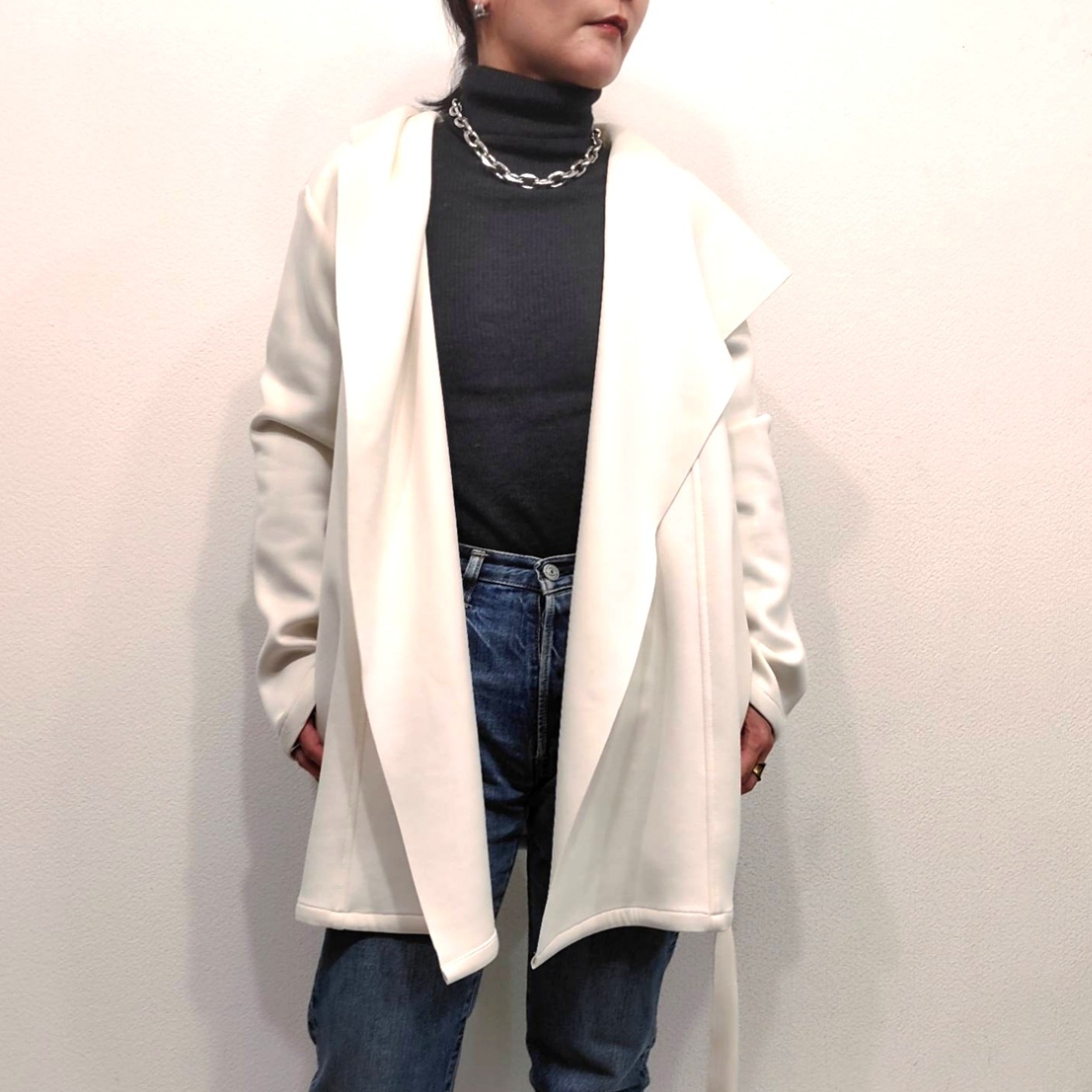 【ダンボールニットウエストベルト付きフード】　2色から選べる　ミドルコート　トッパー　ホワイト　ネイビー　イエロー日本製