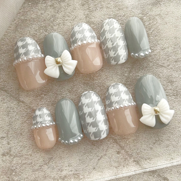 千鳥柄リボンネイル/冬ネイル/量産型ネイル/グレーネイル ネイル