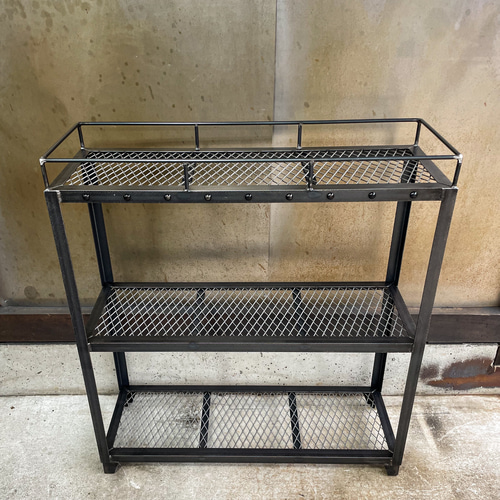 リベット3段ラック［上段棚柵付き］植物棚 アイアン家具