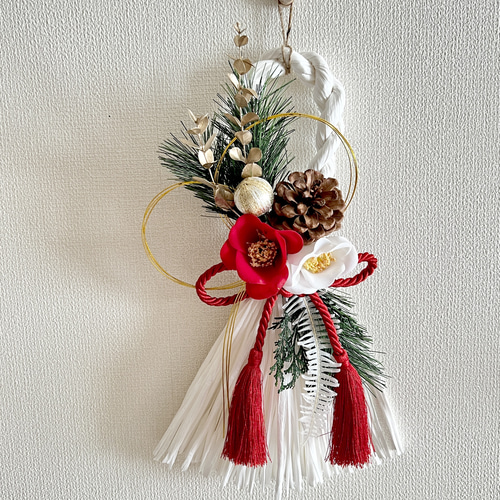 和モダン 紅白椿のしめ縄 【タッセル型】お正月飾り【早割お正月2026