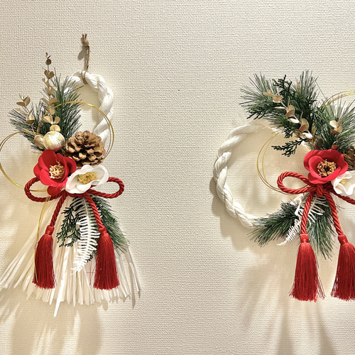 和モダン 紅白椿のしめ縄 【タッセル型】お正月飾り【早割お正月2026