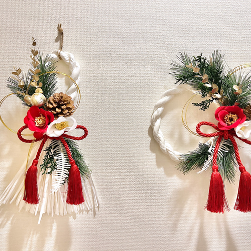 和モダン 紅白椿のしめ縄 【輪っか型】お正月飾り しめ縄