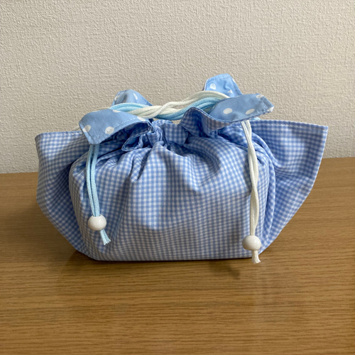 ランチョンマットになるランチバック（水色ドット&ギンガム