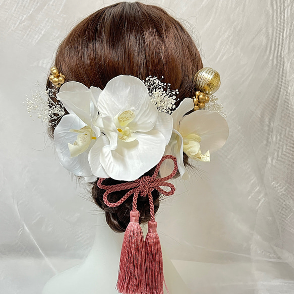成人式　＆　結婚式　タッセルリボン胡蝶蘭髪飾り　ピンク　成人式髪飾り　結婚式髪飾り 1枚目の画像