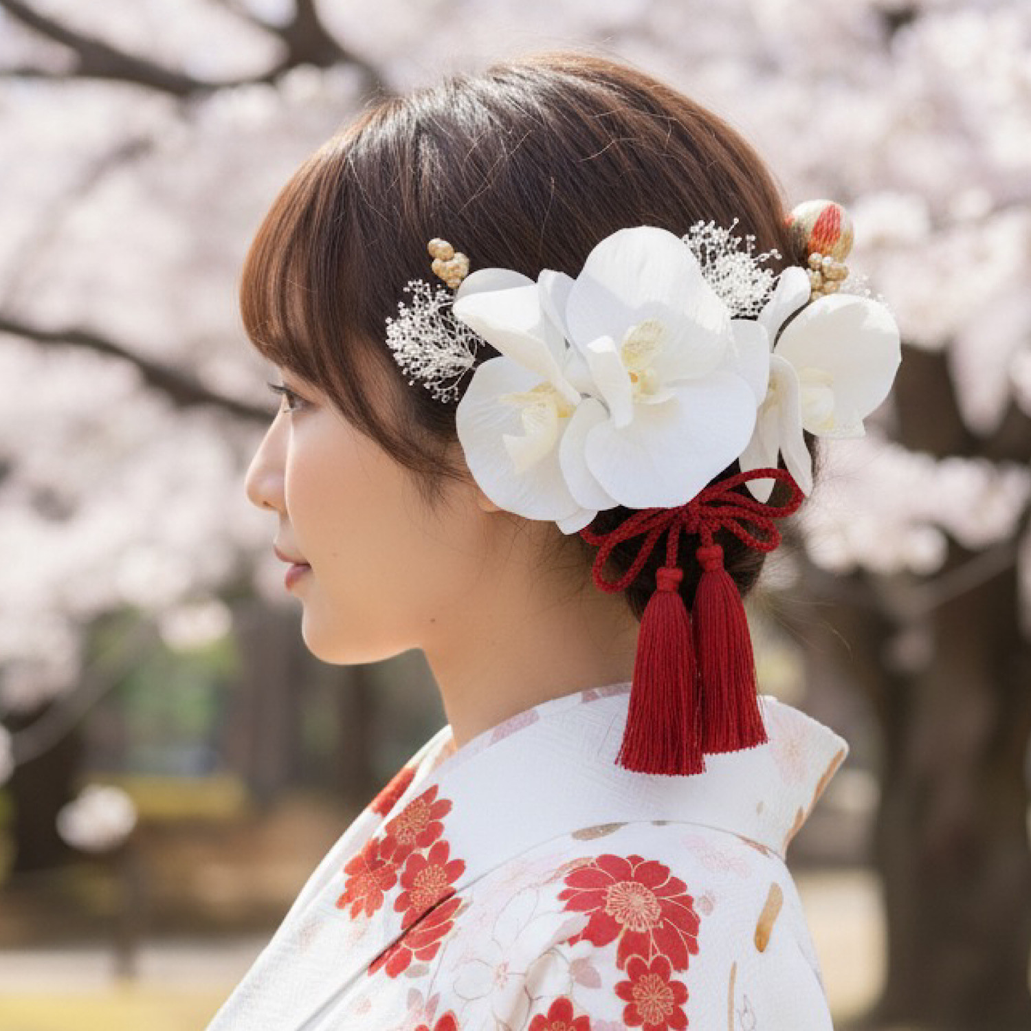 成人式　＆　結婚式　タッセルリボン胡蝶蘭髪飾り　レッド　成人式髪飾り　結婚式髪飾り