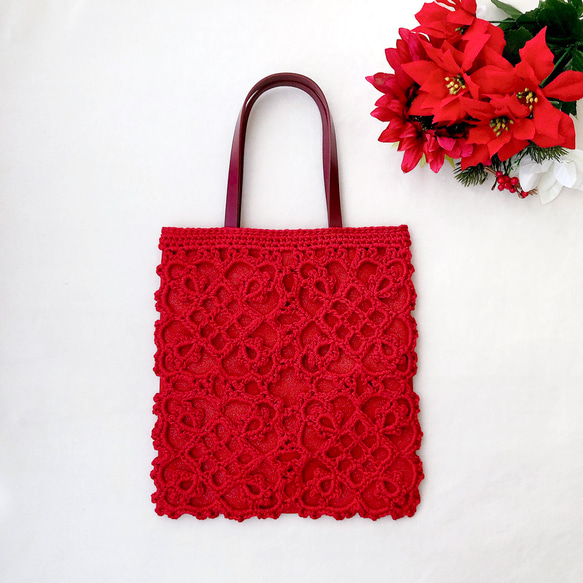 冬限定カラー】大人レッドの透かし編みバッグ エレガント 本革持ち手