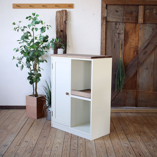 №48 アイボリーホワイトの扉付き収納棚 オーダー可能 炊飯器収納