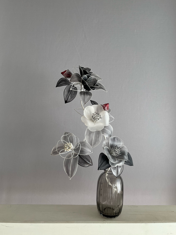 一点物】椿 白い枝 白椿 水墨画風 ディップフラワー ワイヤーフラワー