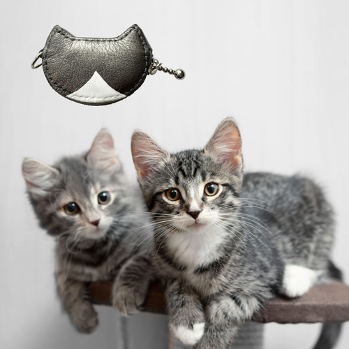 猫型コインケース 36サバトラ白/グレーメタ白(金具シルバー 猫型コインケース 36サバトラ白/グレーメタ白(金具シルバー
