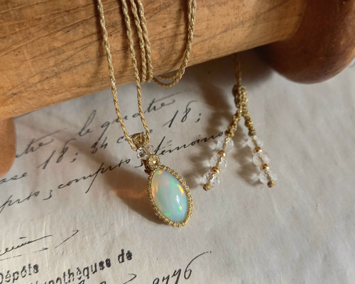 天然石マクラメペンダント エチオピアオパール PN336 ネックレス