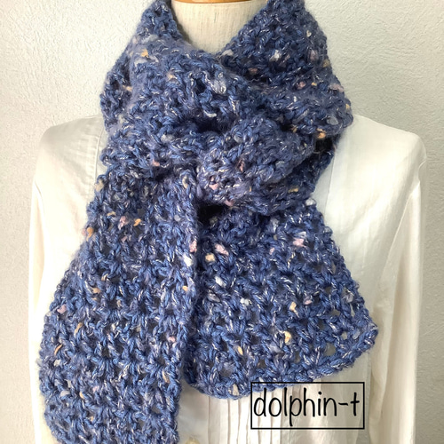 ぽこぽこ可愛いマフラー 引き揃え 手編み ブルー系 一点物 マフラー