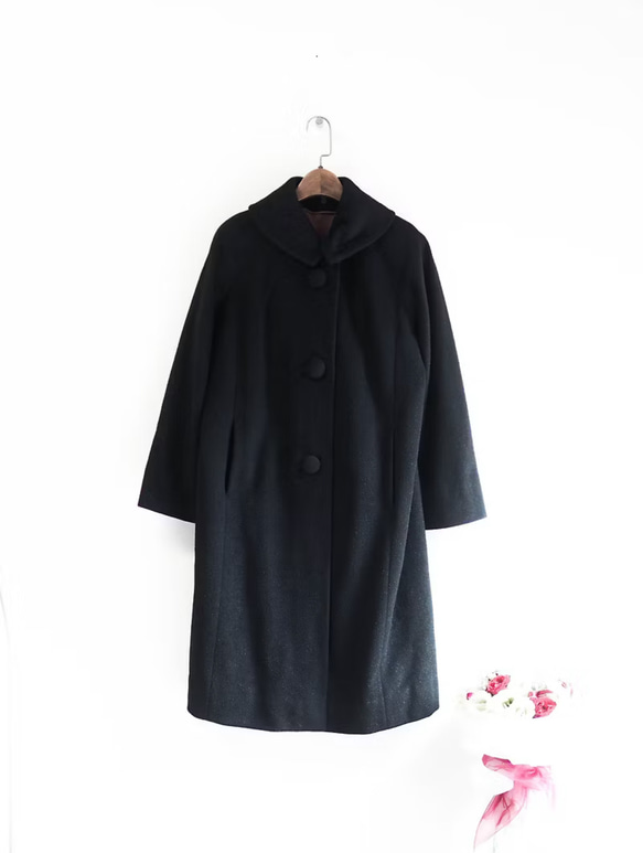 素面墨黑可拆領早期訂製服 古董厚磅長版大衣外套 dustcoat jacket 第8張的照片