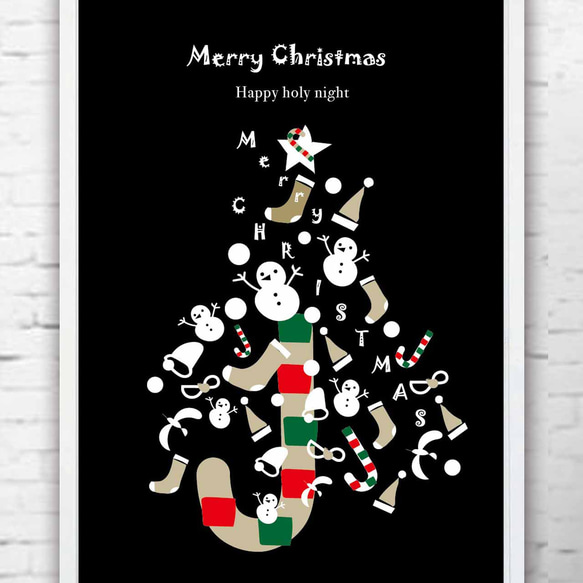 メリークリスマスブラックバージョン　イラスト　ポスター　A4 A3 A2 A1　アートポスター　アート/sei検索927 1枚目の画像
