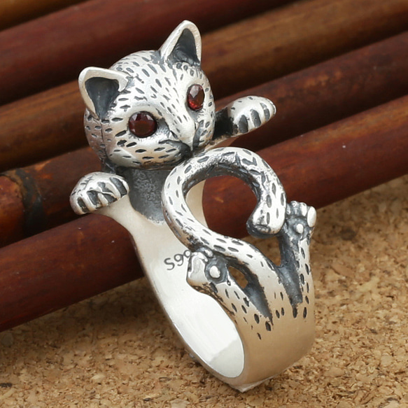 シルバー S990 ネコリング 猫指輪 指に巻きつく猫リング 幸運アップ 可愛い お守り 癒しの飾り物 シルバーメッキ 3枚目の画像