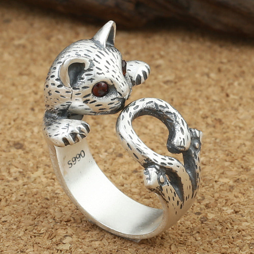 シルバー S990 ネコリング 猫指輪 指に巻きつく猫リング 幸運アップ