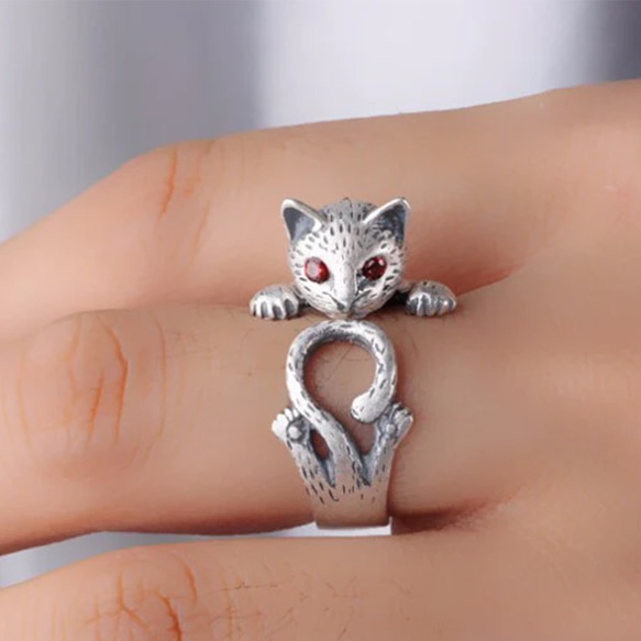 シルバー S990 ネコリング 猫指輪 指に巻きつく猫リング 幸運アップ 可愛い お守り 癒しの飾り物 シルバーメッキ 8枚目の画像