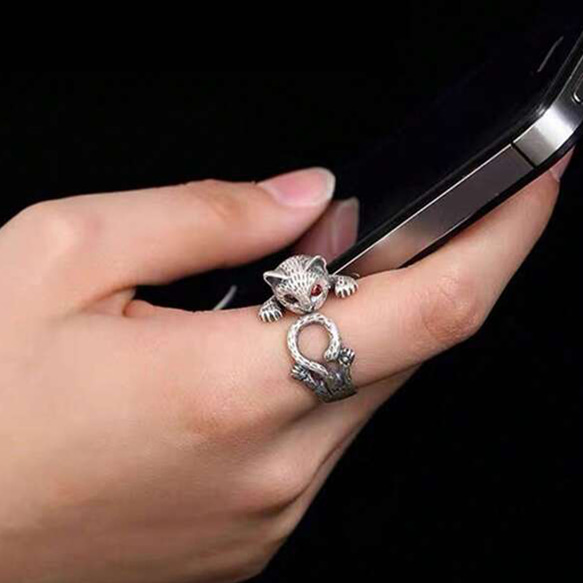 シルバー S990 ネコリング 猫指輪 指に巻きつく猫リング 幸運アップ 可愛い お守り 癒しの飾り物 シルバーメッキ 6枚目の画像