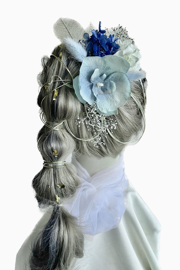 髪飾り(胡蝶蘭/ブルー) 水引 金箔 成人式 前撮り 卒業式 結婚式 七五三 2枚目の画像