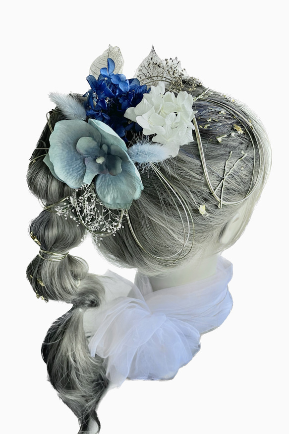 髪飾り(胡蝶蘭/ブルー) 水引 金箔 成人式 前撮り 卒業式 結婚式 七五三 4枚目の画像