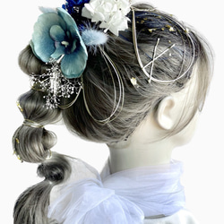 髪飾り(胡蝶蘭/ブルー) 水引 金箔 成人式 前撮り 卒業式 結婚式 七五三 1枚目の画像