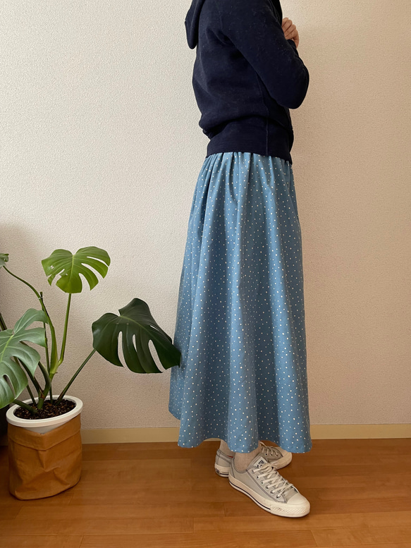 サイズ変更可　冬　暖かい　　紺　コーデュロイ　ギャザースカート