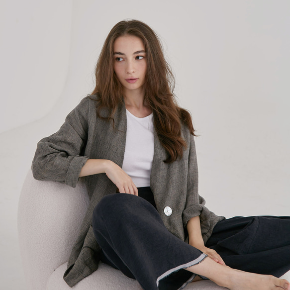 無領單釦外套 - 格紋 第9張的照片