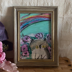 絵画。原画手描き【かわいい猫ちゃんが花を見たり虹を見たりする】01 1枚目の画像