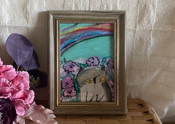 絵画。原画手描き【かわいい猫ちゃんが花を見たり虹を見たりする】01 1枚目の画像