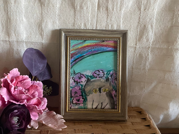 絵画。原画手描き【かわいい猫ちゃんが花を見たり虹を見たりする】01 3枚目の画像