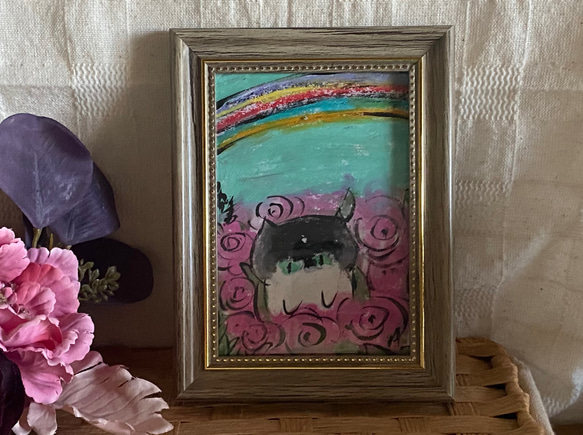 絵画。原画手描き【かわいい猫ちゃんが花を見たり虹を見たりする】02 3枚目の画像