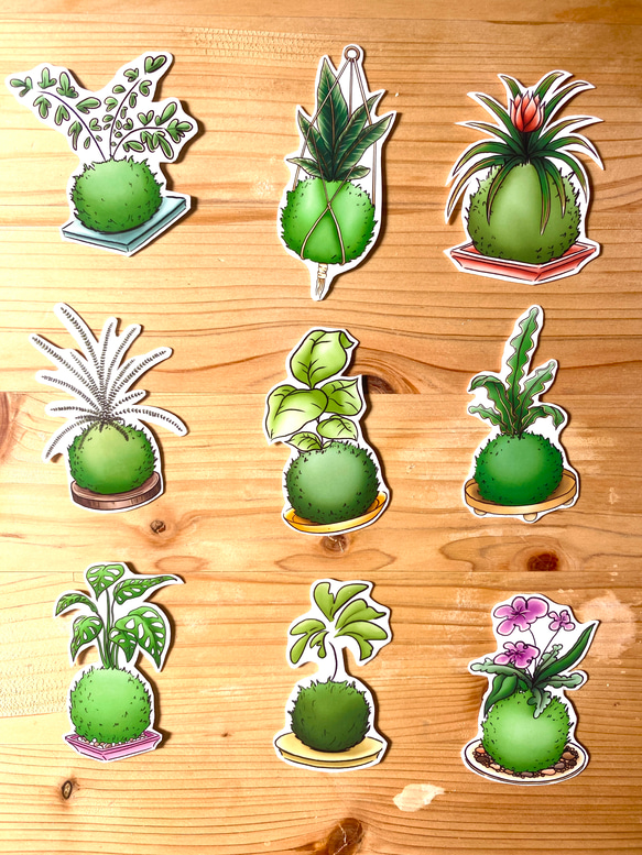 Kokedama Sticker Set (9 piece) - 苔玉のシールセット(９枚） 1枚目の画像