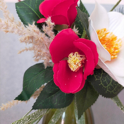 クラフト盆栽 寒椿盆栽 赤色 ハンドメイド 造花（お正月/ちょこっと 