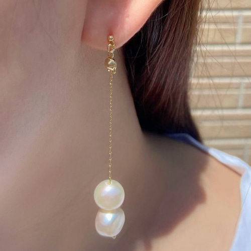 ete パールチェーンピアス ピンクゴールド レイヤード] パール チェーン ピアス（872315） ｜ women