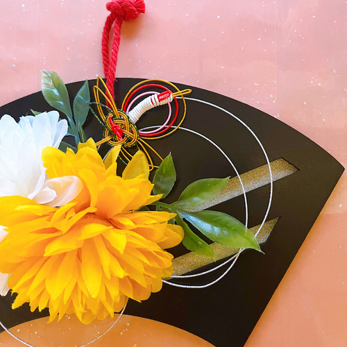 橙】扇プレートの正月飾り 鶴 水引飾り 壁飾り 和風小物 2025