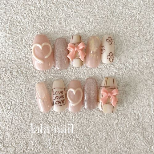 ネイルチップ ぷっくりハートネイル リボンネイル ネイルチップ（つけ  