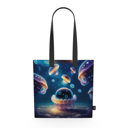 宇宙のような深海で泳ぐ幻想的でゆめかわいいきらびやかなネオン色に光るクラゲ キャンバストートバッグ