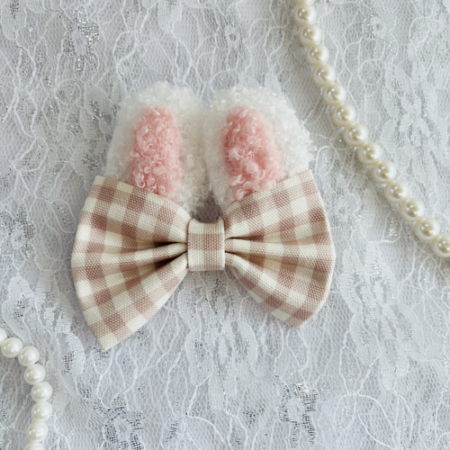 うさ耳 リボンヘアゴム チェック柄】キッズ レディース ヘア