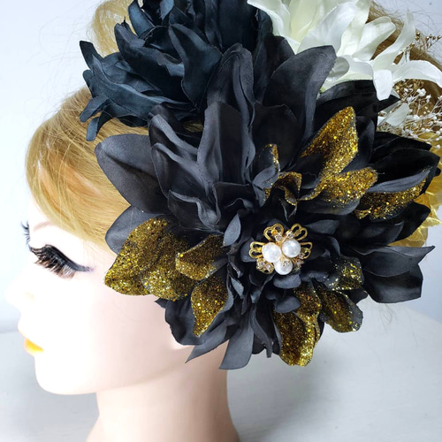 19 髪飾り 成人式 黒 金 ダリア バラ 結婚式 派手 ゴージャス 振袖