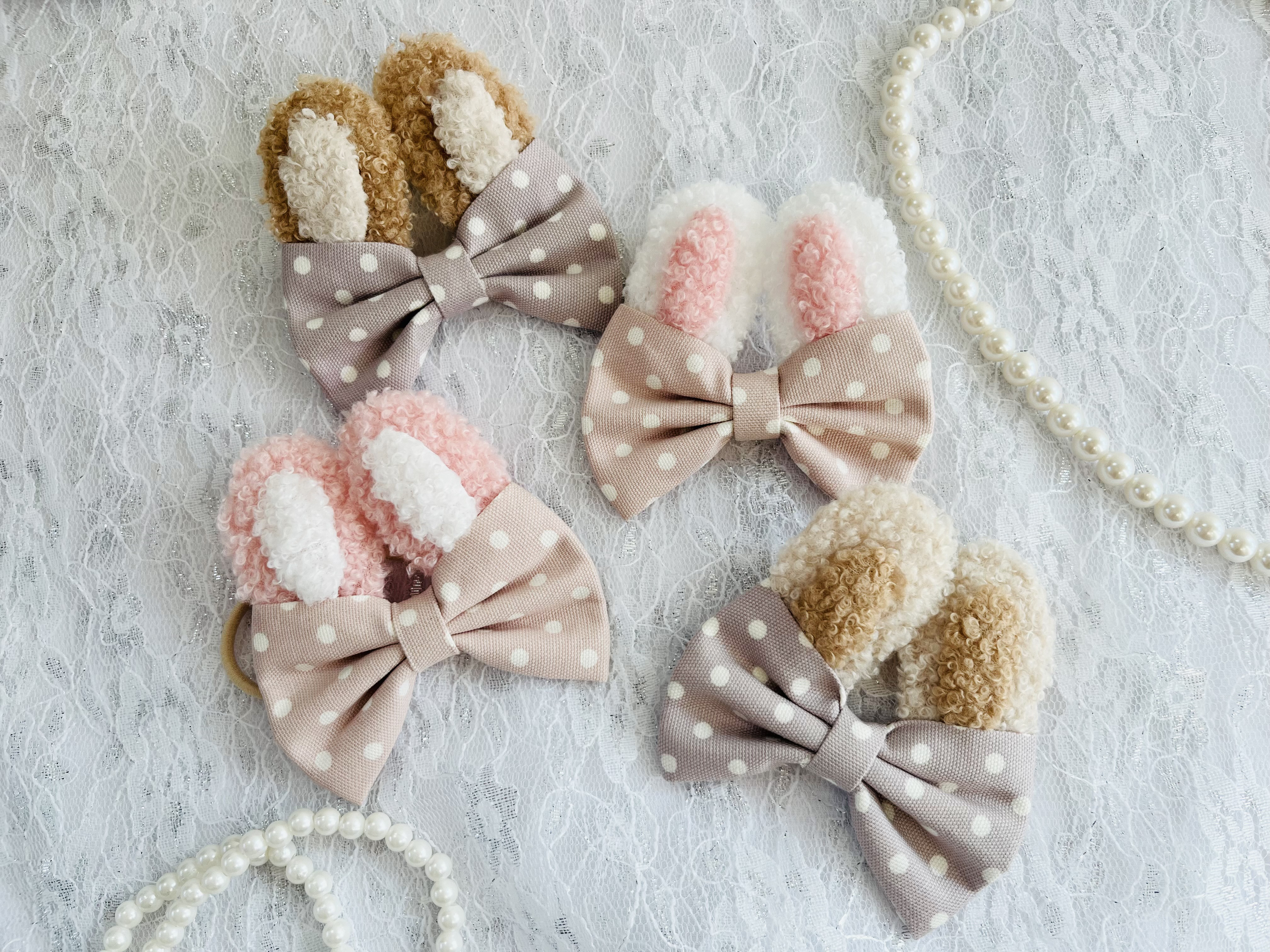 うさみみリボンヘアゴム3こセット花柄パステルカラーピンクパープル