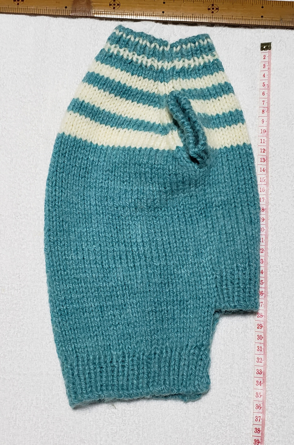 〈お年玉セール〉下記より2割引❤️犬用　手編み　エメラルドグリーンと白の縞模様入りセーター 4枚目の画像