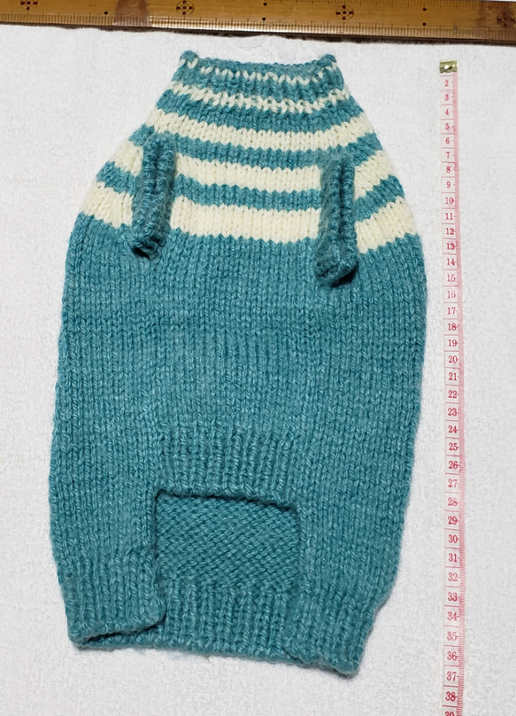 〈お年玉セール〉下記より2割引❤️犬用　手編み　エメラルドグリーンと白の縞模様入りセーター 3枚目の画像