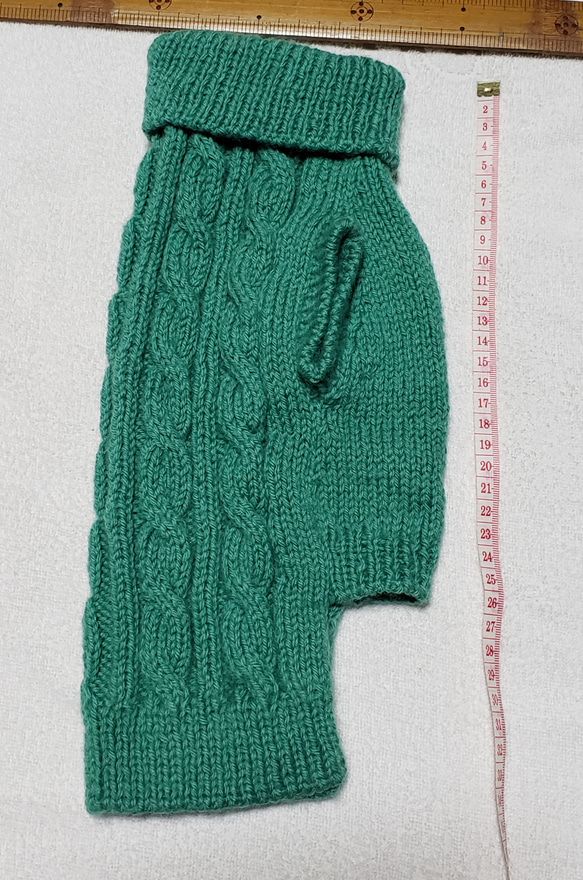 〈お年玉セール〉下記より2割引❤️犬用　手編み　緑のとっくり襟縄編みセーター 4枚目の画像