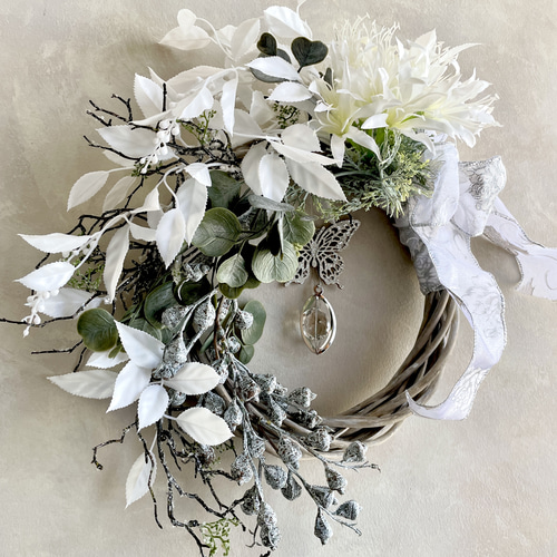 ホワイトローズのクリスマススリース／光触媒フラワー×シルバーリーフ
