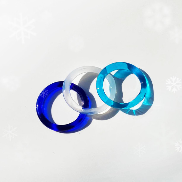 ３点セット　青いガラスリング　コバルト～スノーホワイト　細身・軽やかリング　シンプル・ストレートのガラスの指輪　 1枚目の画像