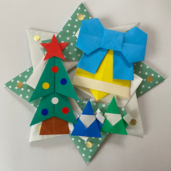 折り紙 リース クリスマス ツリーとベルとサンタさん 壁面飾り 施設 病院 保育園 送料無料 1枚目の画像