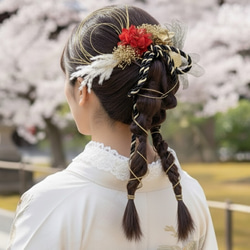 つまみ細工成人式用ご婚礼用 大輪菊とダイヤモンドリリーの髪飾り(紅白