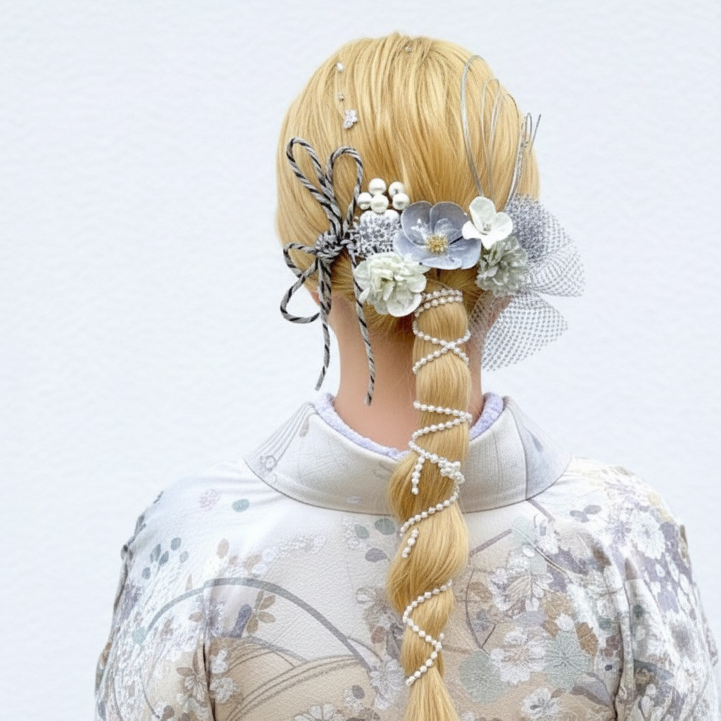 成人式　＆　結婚式　パールシルバーフラワー髪飾り　水引　髪飾り　水引き髪飾り　紐アレンジ　金箔