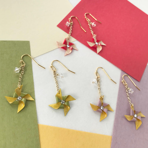 はぴ★様order♡ 赤丸イヤリング込み　NO.100 和ピアス／イヤリング（風車B） ピアス（フック・チェーン） latte0129