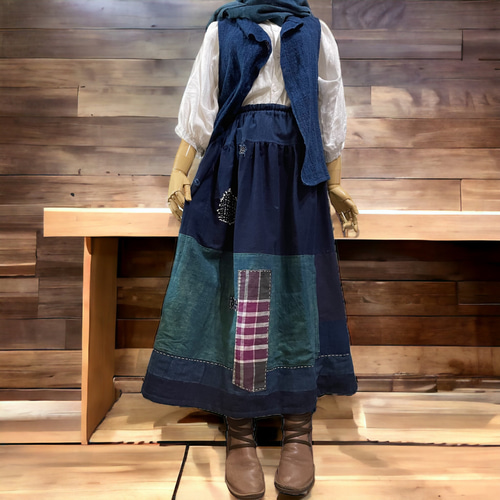襤褸 BORO 藍染 刺し子 ツギハギ ロングスカート 古布 リメイク